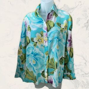 Jones New York Signature Long Sleeve Floral  Shirt - Size S - Blue / White